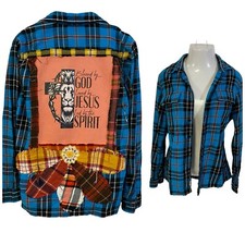 Upcycled Flannel Shirt Womens Large Christian Grunge Religious Campfire Cottage picture