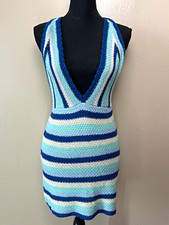 White fox boutique Crochet Halter Backless Striped Mini Dress picture