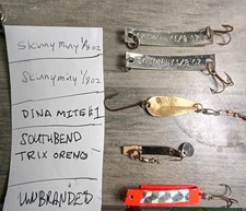 Lot of 5 Vtg Metal Fishing Lures - South Bend Trix-Oreno, Skiny Miny, Dina Mite, picture