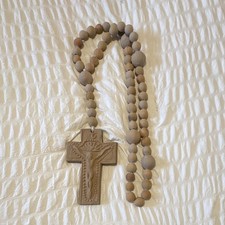 Vintage Terracotta Crucifix Wall Rosary 32.5” Handmade Rustic Christian Decor picture