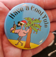 NOS Vintage Russ Christmas Tiki Flamingo Cool Yule Pinback Badge Button 2.25