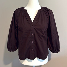 Philosophy Brown Solid Woven V-Neck Button Front 3/4 Bubble Sleeve XS picture