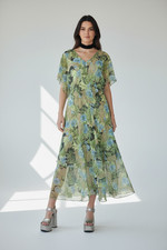 Dress S Maxi Vtg 70s 30s CHIFFON Garden Party ART FLORAL Tiered RUFFLE Fairy Tea picture