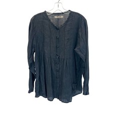 FLAX Women Black Linen Button Down Tunic Long Sleeve Lagenlook Artsy Top - SMALL picture