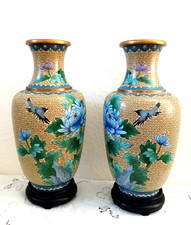 Pair Chinese Handcrafted Floral Bird Mums Cloisonne Enamel Copper Vases 13