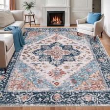 SERISSA 8x10 Washable Non Slip Boho Area 8' x 10' (Rectangular), Blue/Orange picture