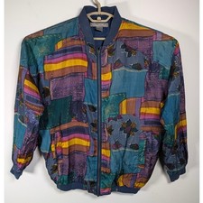 Vintage Robert Stock Mens Bomber Jacket Silk Abstract Patchwork Multi Relaxed L picture