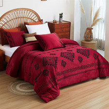 Luxurious Velvet Comforter Set Double-Sided,Bohemian Embroidered Wine Red Beddin picture