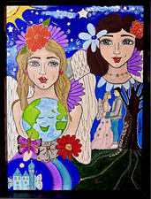 Signed Framed OOAK Original Folk Art Painting Angel Impressionist Couple Love  picture