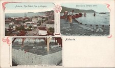 Lithograph Astoria Oregon Salmon Fishing & Cannery Three Views early 1900s picture