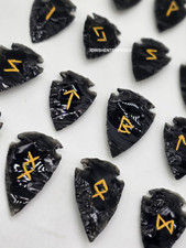 Handcrafted Black Obsidian Arrowhead Rune Set- 25Pc Elder Futhark Viking Norse. picture