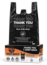 1000 Black Thank You T-Shirt Bags Easy Open HDPE Grocery Carryout 12x7x22 USA picture