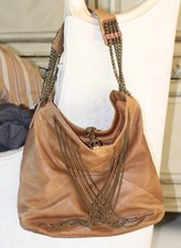 AMAZING COUTURE DESIGNER BLISS LAU TAN Leather GILDED CHAIN CROSSING Purse Bag picture