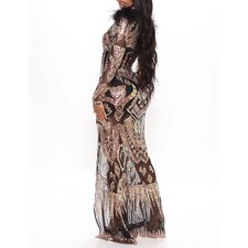 Fashion Nova Dress Long Maxi Sequin Elegant Black Gold Feather Gown Size M picture