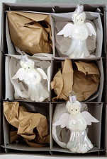 6pc Czech Blown Glass Angel Ornaments White Glitter Wings 4.5