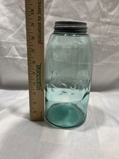 Antique Aqua half gallon Mason Jar Ground Lip Zinc Lid. 1858 Patent Style Decor. picture