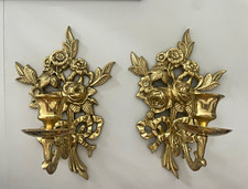 VTG HOLLYWOOD REGENCY ORNATE CAST BRASS FLORAL WALL CANDLE SCONCE ROSES INDIA picture