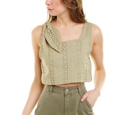 Zara Eyelet Crop Top Small Olive Green Sage Tie Shoulder Sleeveless Top picture