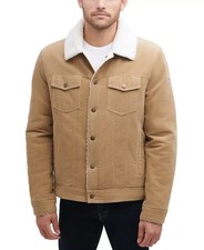 GUESS Tan Corduroy Bomber Jacket Mid Weight Regular Fit Sherpa Fur Collar 2XL picture