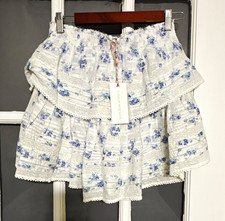 LoveShackFancy Women’s S Blue/White Floral Mini Skirt Layered Ruffle Lace picture