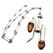 Unusual Rare Vintage Modernist Sterling Silver Amber Necklace 2 Bugs In Amber picture