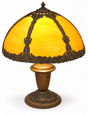 Vintage Art Nouveau Style Amber Glass Table Lamp with Ornate Metalwork picture