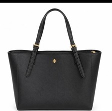 Tory Burch Black Saffiano Leather Tote Bag Triple Compartment Gold Logo Shoulder picture