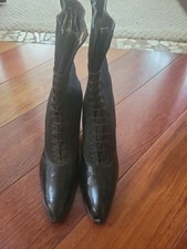 Antique Black Leather Ankle Boot Shoes Narrow lace up Circa 1900s picture