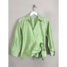 Carlisle Vintage 100% Silk Gingham Wrap Blouse Green White Plaid Top Size 10 picture