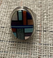 VINTAGE Zuni Multi-Stone Inlay Sterling Silver Ring Men's Size 11 Signed By S.B. picture