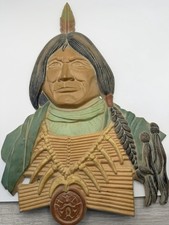 Vintage Native American Man Wall Plaque 13” Painted Chalkware Western Decor picture