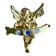 VTG Cherubini Cherubim Angel Pin Brooch Christmas Blue Rhinestones Gold Tone picture