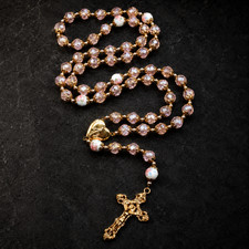 Beautiful Pink Crystal Glass Bead Catholic Rosary Gold Holy Mary Locket Crucifix picture