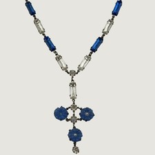 Antique Art Deco Rhinestone Flower Y Drop Necklace Silver Tone READ picture