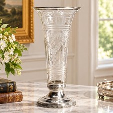 Stunning Antique Etched Glass Vase with Sterling Silver Rim & Pedestal Base Vase picture