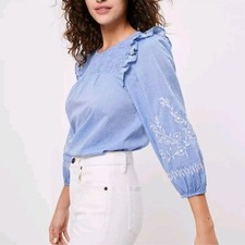 Loft Women's Peasant Top Large NWT Blue Blouse Embroidered Keyhole 100% Cotton picture