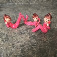 Vintage Japan Ceramic Telephone Girl Figurines Set of 3 Pink MCM Kitsch Retro picture