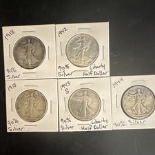 Walking Liberty Half Dollar 50C Silver Lot of 5 1918 1942 1943-S 1944 picture