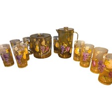 Vintage MCM Amber Acrylic Fruit Drinkware 13pc Set Pitcher Ice Bucket 10 Glasses picture