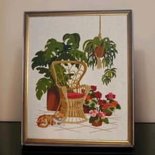 Vintage 1977 Crewel Sunset Designs Wicker Chair Cat Floral Embroidery 17x23 Boho picture