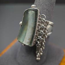 Israeli 925 Silver Sea Glass Modernist Ring w/ Fringe, Sz 8 picture