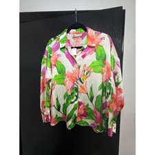 ZARA Floral Button Down Blouse Size M Pink Green Tropical Oversized Shirt picture