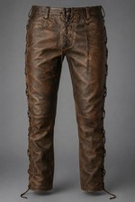 Distressed Vintage Brown Men’s Sheep Leather Side Laces Leather Biker Trousers picture