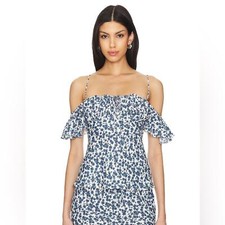 Faithfull The Brand Menton Shirt In Leilani Print Blue Size 10 Floral Ruffle NEW picture
