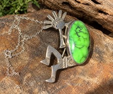 E.G. Bighand Sterling Silver Kokopelli PendantRARE Large Green Turquoise Stone. picture