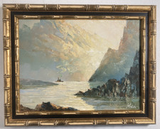 Vintage Original Oil Painting Steam Boat Smokestacks Sunset Seascape Signed picture