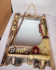 Rustic Fishing Wall Mirror Shelf Hooks Cabin Lodge Man Cave Decor Trout Bass Rod picture