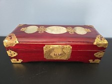 Vtg Chinese Wooden Jewelry Box w Ornate Brass & White Jade Silk Lined Redwood picture