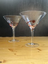 Set of 4 Pier 1 Swirline Red Ribbon Swirl Martini Glasses Blown Cocktail Cosmo picture