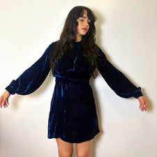 1930s blue silk velvet mini dress balloon sleeves picture